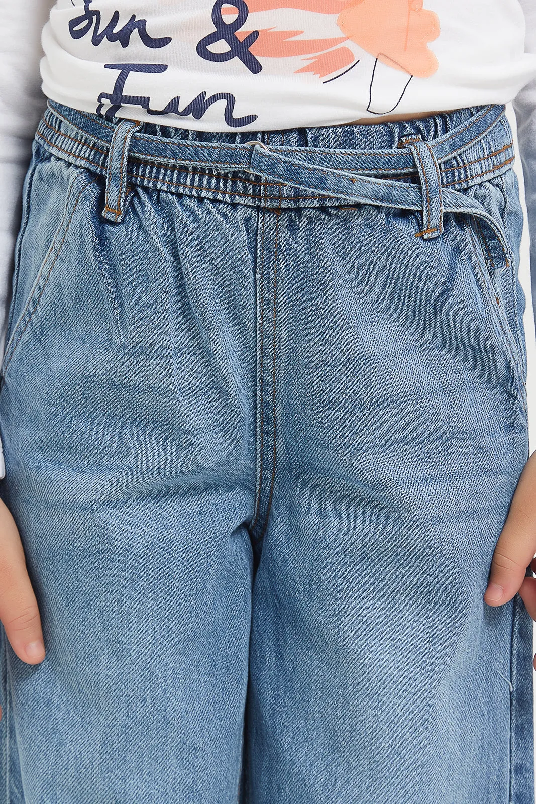 Girls Blue Wide Joggers With Belt