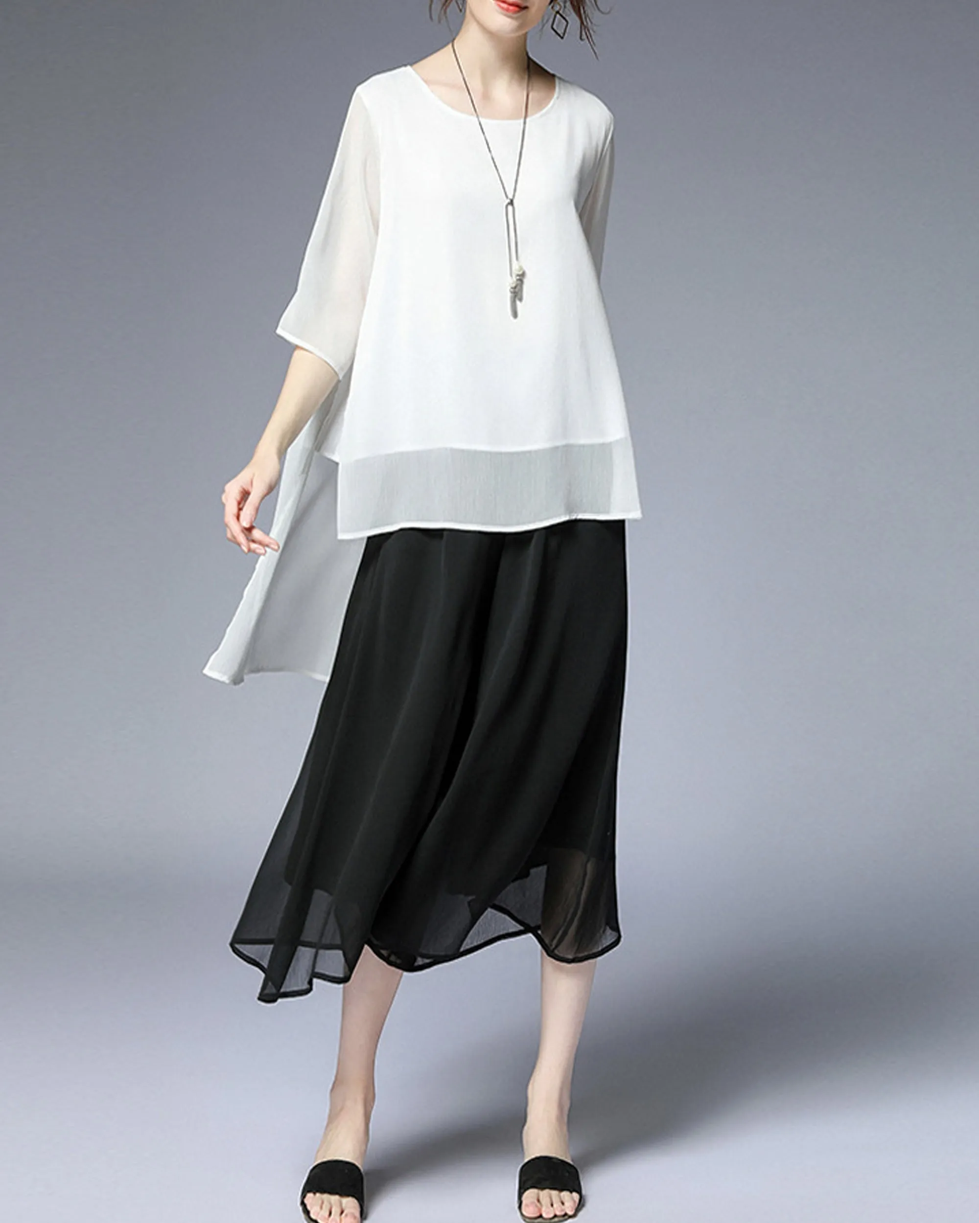 Women's white blouse/asymmetrical chiffon tunic top/oversized black t-shirt/short sleeve top(Y1931)